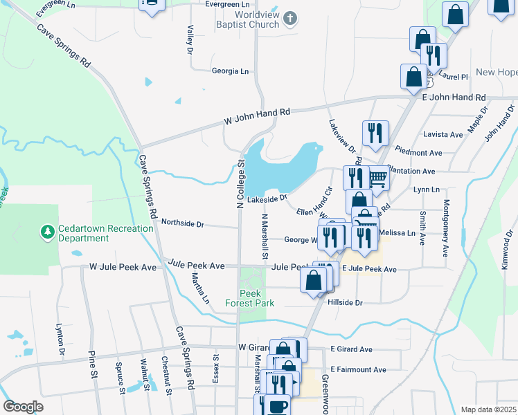 map of restaurants, bars, coffee shops, grocery stores, and more near 403 Lakeside Drive in Cedartown