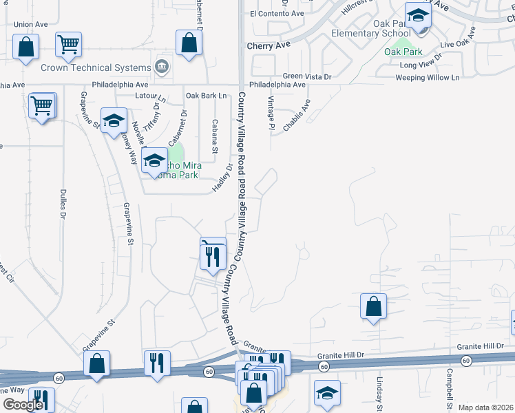 map of restaurants, bars, coffee shops, grocery stores, and more near 3390 Country Village Road in Jurupa Valley