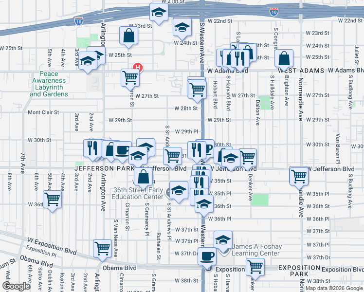 map of restaurants, bars, coffee shops, grocery stores, and more near 2058 West 30th Street in Los Angeles