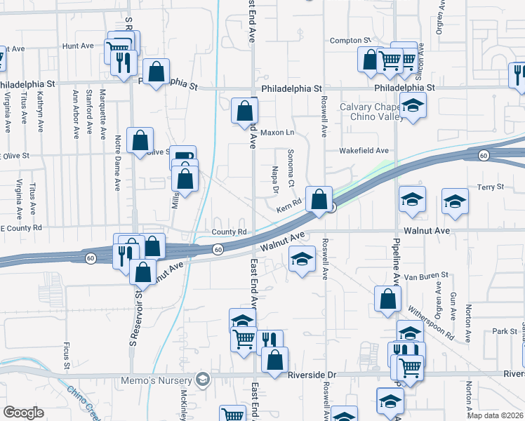 map of restaurants, bars, coffee shops, grocery stores, and more near 3720 Kern Road in Chino