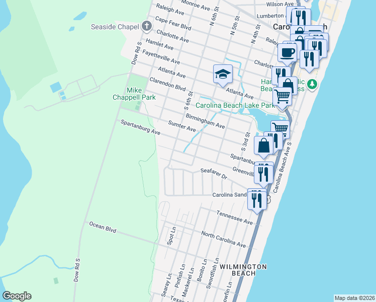 map of restaurants, bars, coffee shops, grocery stores, and more near 512 Greenville Avenue in Carolina Beach