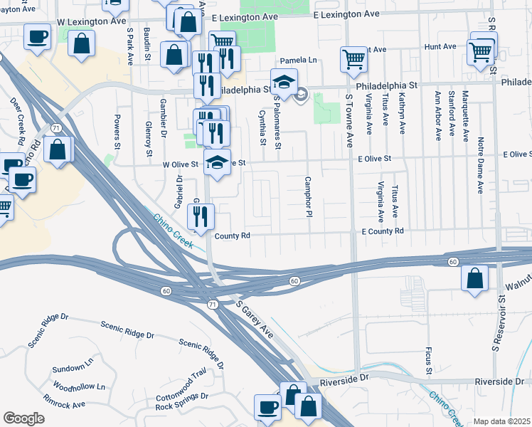 map of restaurants, bars, coffee shops, grocery stores, and more near 2449 Chanslor Street in Pomona