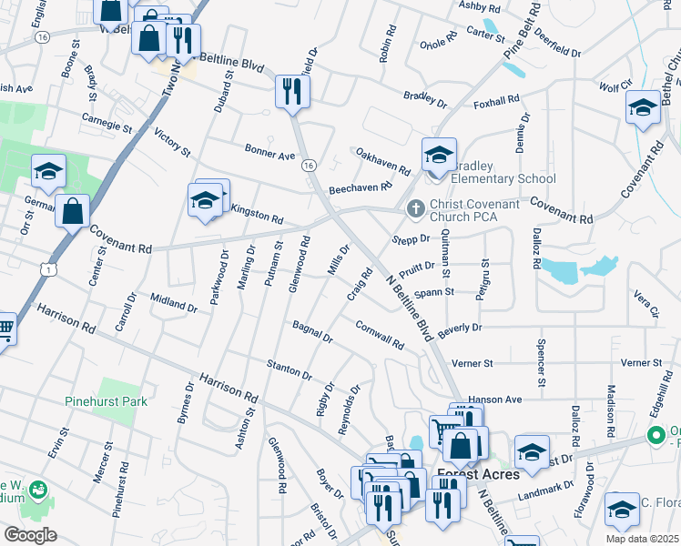 map of restaurants, bars, coffee shops, grocery stores, and more near 2707 Mills Drive in Columbia