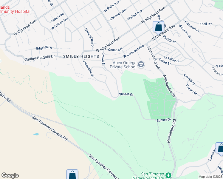 map of restaurants, bars, coffee shops, grocery stores, and more near 1533 Serpentine Drive in Redlands