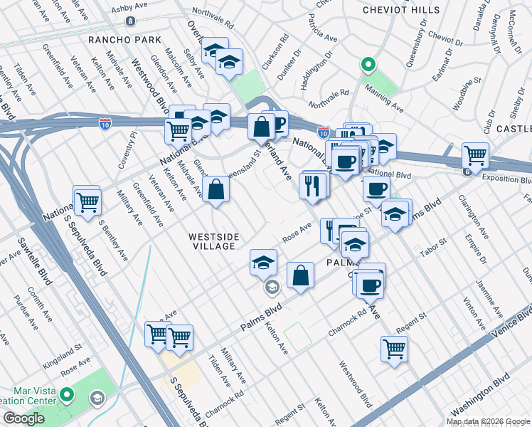 map of restaurants, bars, coffee shops, grocery stores, and more near 3290 Malcolm Avenue in Los Angeles