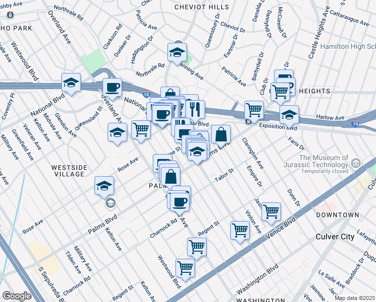 map of restaurants, bars, coffee shops, grocery stores, and more near 3425 Motor Avenue in Los Angeles