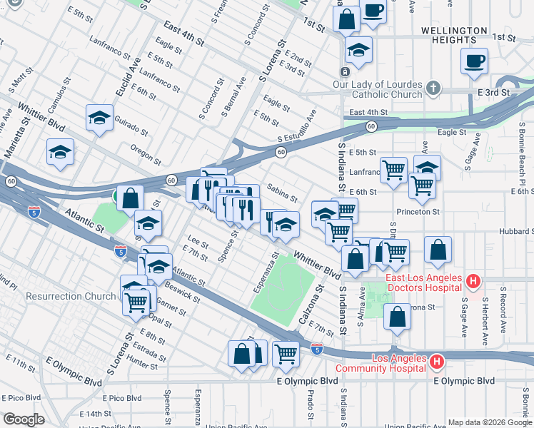 map of restaurants, bars, coffee shops, grocery stores, and more near 3529 Percy Street in Los Angeles