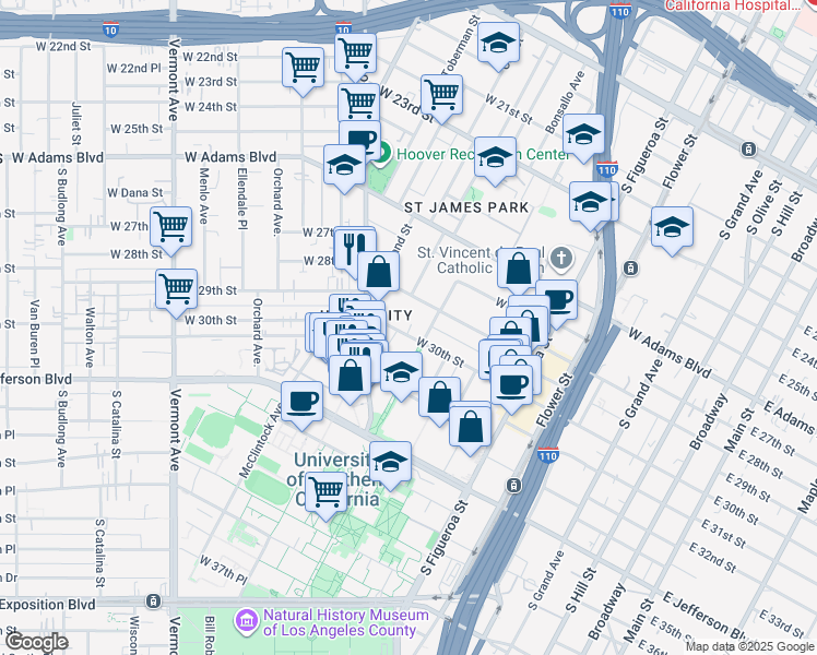 map of restaurants, bars, coffee shops, grocery stores, and more near 925 West 30th Street in Los Angeles