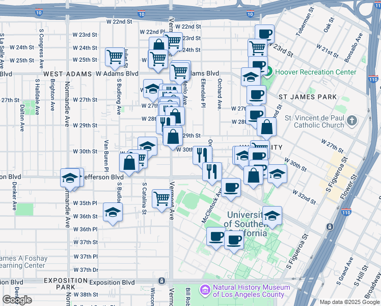 map of restaurants, bars, coffee shops, grocery stores, and more near 1225 West 30th Street in Los Angeles