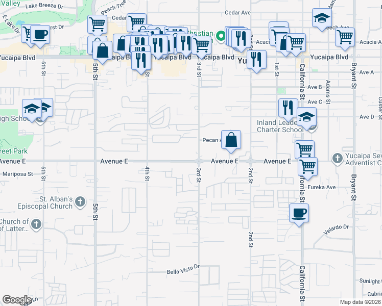 map of restaurants, bars, coffee shops, grocery stores, and more near 34672 Avenue E in Yucaipa
