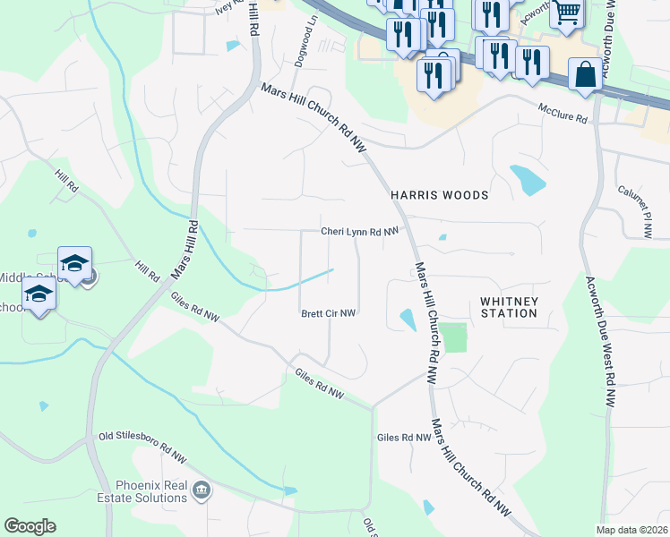 map of restaurants, bars, coffee shops, grocery stores, and more near 2988 Cathy Ann Court in Acworth