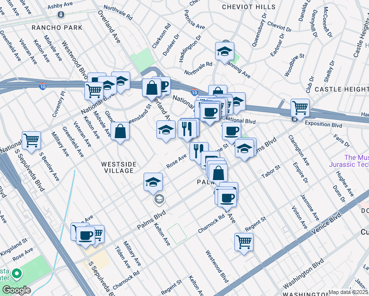 map of restaurants, bars, coffee shops, grocery stores, and more near 10705 Rose Avenue in Los Angeles