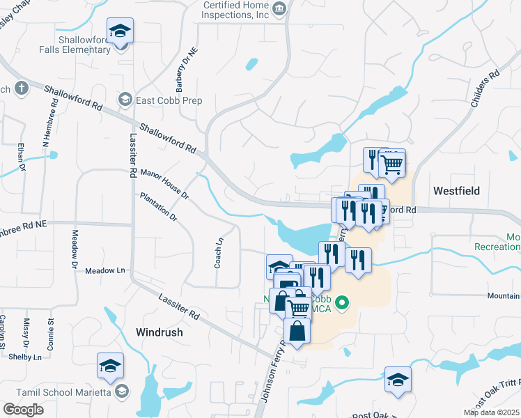 map of restaurants, bars, coffee shops, grocery stores, and more near 4176 Shallowford Road in Marietta