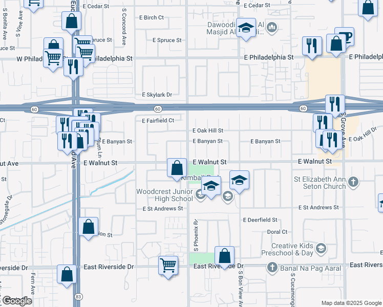 map of restaurants, bars, coffee shops, grocery stores, and more near 2544 South Phoenix Place in Ontario