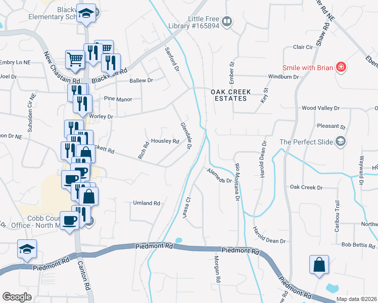 map of restaurants, bars, coffee shops, grocery stores, and more near 1070 Brackett Road in Marietta