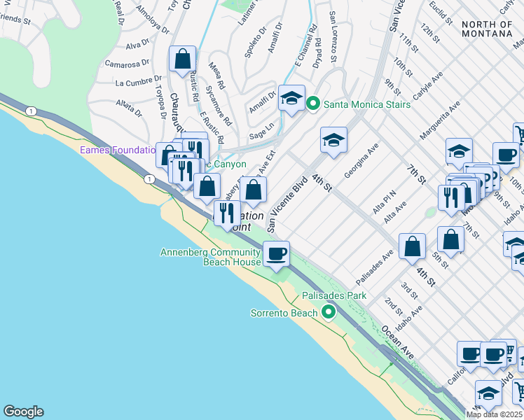 map of restaurants, bars, coffee shops, grocery stores, and more near 201 Ocean Avenue Extension in Santa Monica
