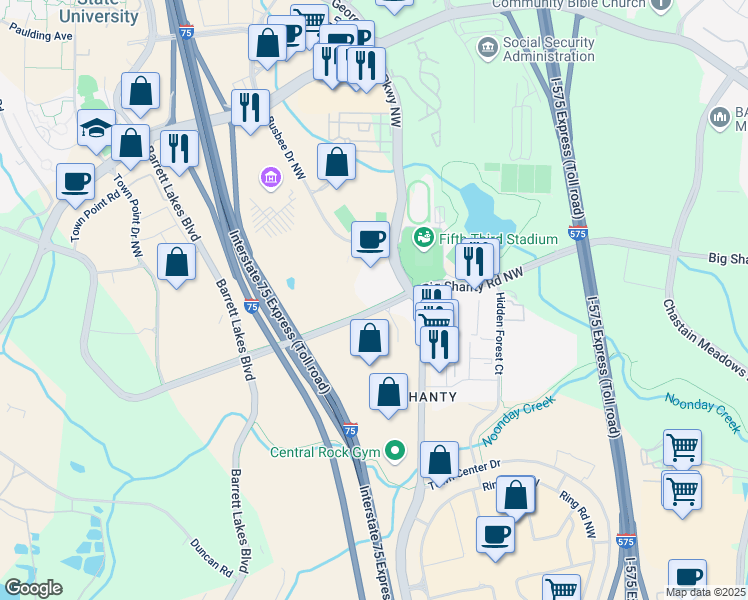 map of restaurants, bars, coffee shops, grocery stores, and more near 3051 George Busbee Parkway Northwest in Kennesaw