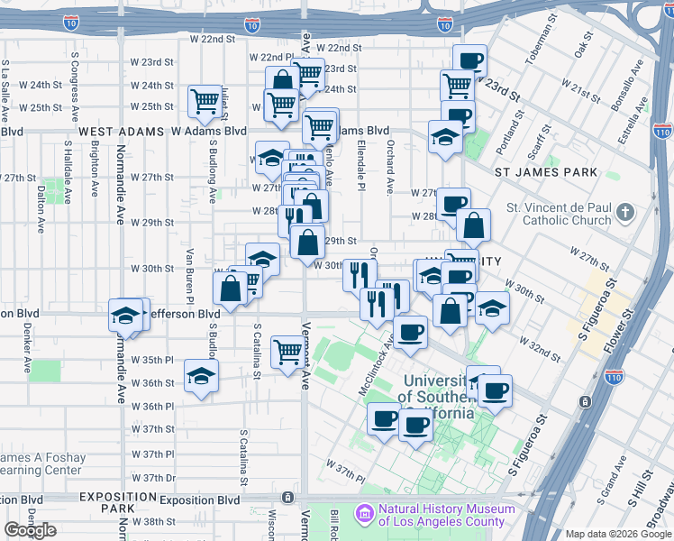 map of restaurants, bars, coffee shops, grocery stores, and more near 1238 West 30th Street in Los Angeles