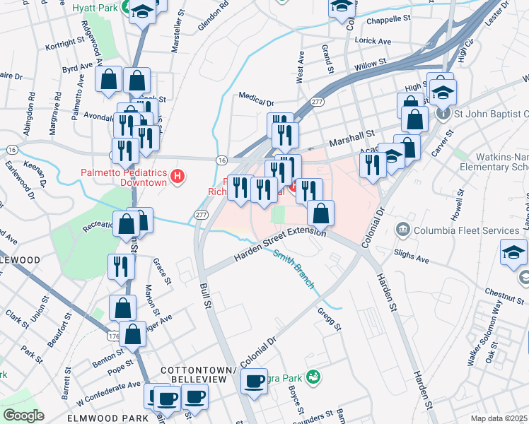 map of restaurants, bars, coffee shops, grocery stores, and more near 3 Richland Medical Park Drive in Columbia