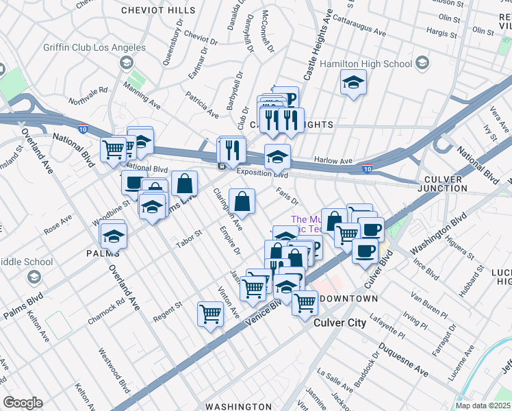 map of restaurants, bars, coffee shops, grocery stores, and more near 9909 Tabor Street in Los Angeles
