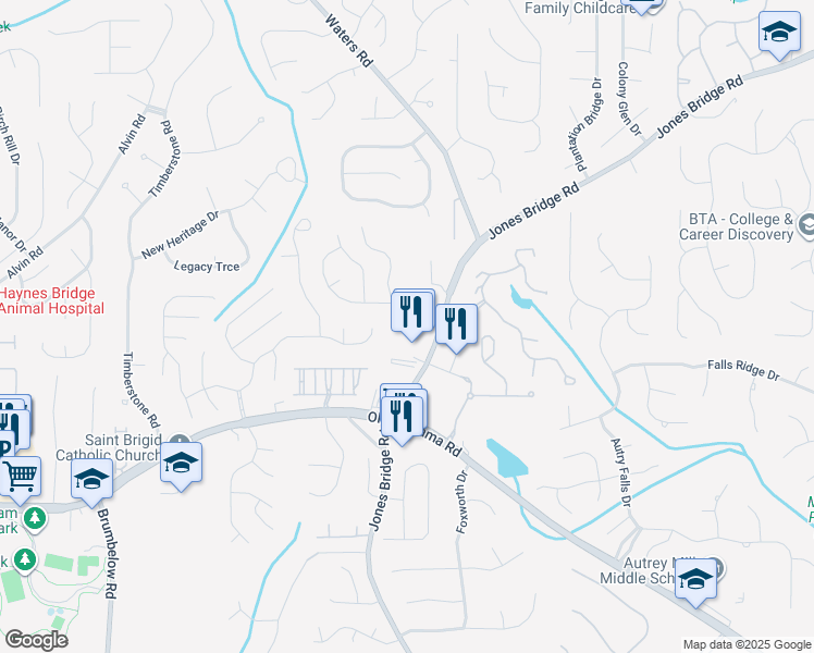 map of restaurants, bars, coffee shops, grocery stores, and more near 10050 Jones Bridge Road in Alpharetta
