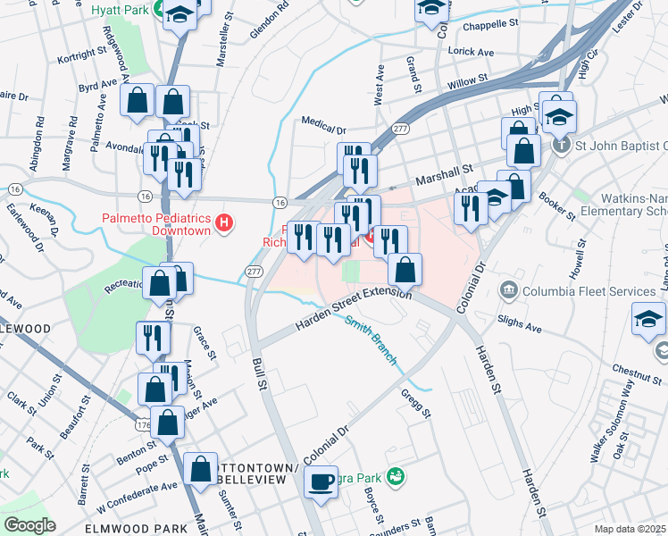 map of restaurants, bars, coffee shops, grocery stores, and more near 3 Richland Medical Park Drive in Columbia