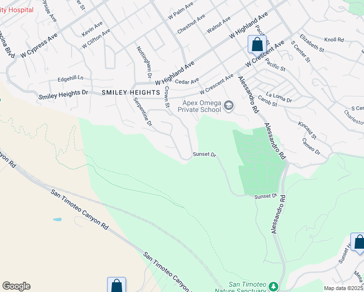 map of restaurants, bars, coffee shops, grocery stores, and more near 1533 Serpentine Drive in Redlands