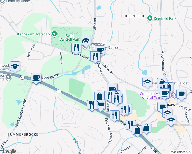 map of restaurants, bars, coffee shops, grocery stores, and more near 1069 Hillsborough Chase Northwest in Kennesaw
