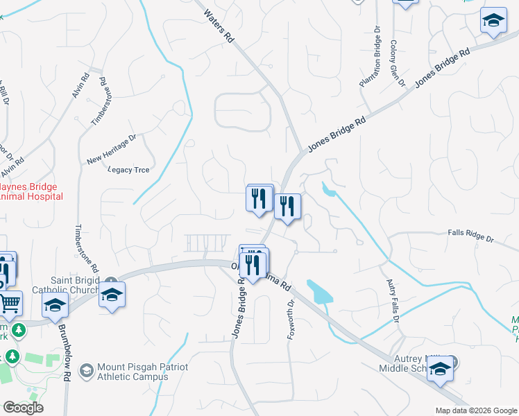 map of restaurants, bars, coffee shops, grocery stores, and more near 10050 Jones Bridge Road in Alpharetta
