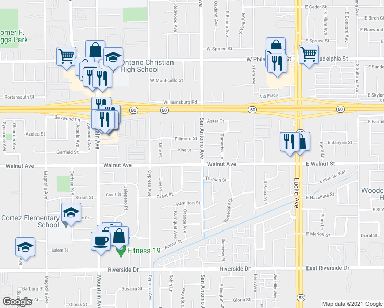 map of restaurants, bars, coffee shops, grocery stores, and more near 6667 King Street in Chino