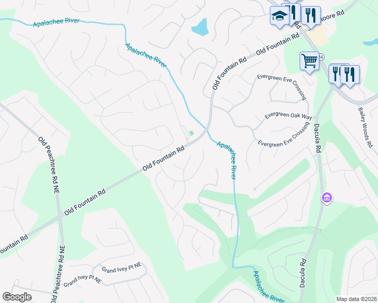 map of restaurants, bars, coffee shops, grocery stores, and more near 2584 Apalachee Run Way in Dacula
