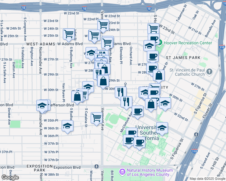 map of restaurants, bars, coffee shops, grocery stores, and more near 1225 West 30th Street in Los Angeles