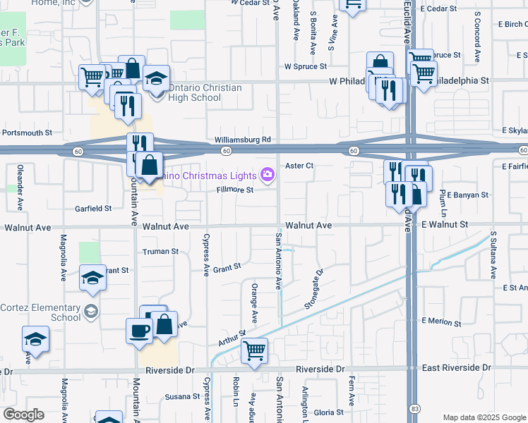 map of restaurants, bars, coffee shops, grocery stores, and more near 6667 King Street in Chino