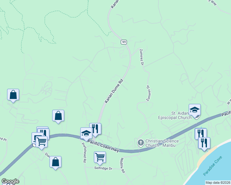 map of restaurants, bars, coffee shops, grocery stores, and more near 6011 Kanan Dume Road in Malibu