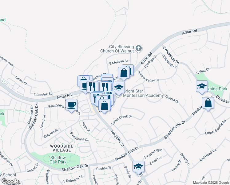 map of restaurants, bars, coffee shops, grocery stores, and more near 18780 Amar Road in Walnut
