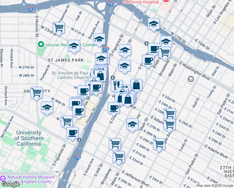 map of restaurants, bars, coffee shops, grocery stores, and more near 403w West Adams Boulevard in Los Angeles