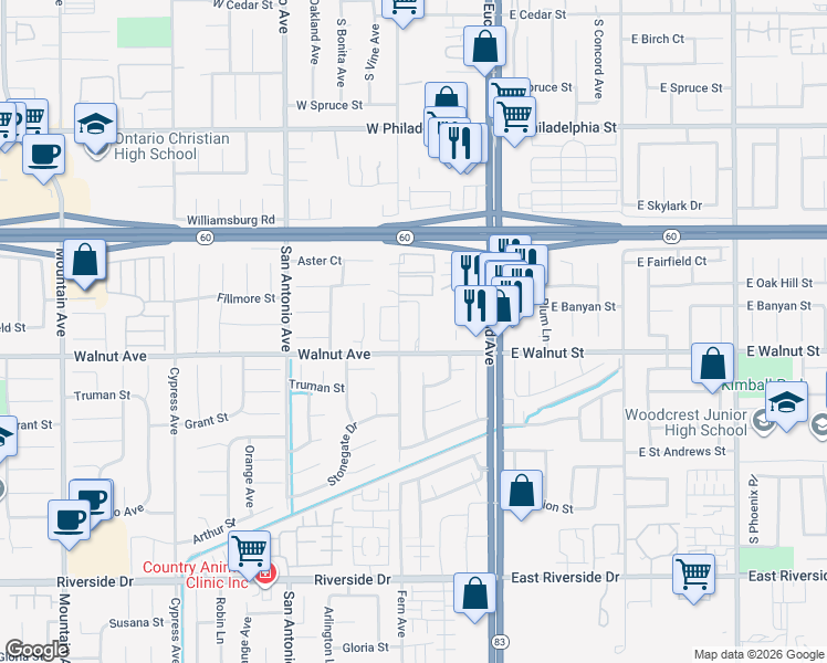 map of restaurants, bars, coffee shops, grocery stores, and more near 320 West Walnut Street in Ontario