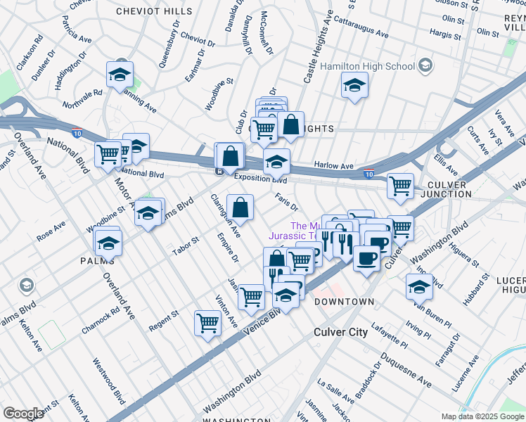 map of restaurants, bars, coffee shops, grocery stores, and more near 9843 Hannum Drive in Los Angeles