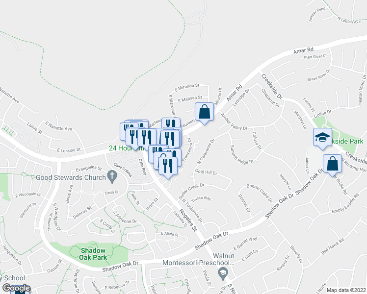 map of restaurants, bars, coffee shops, grocery stores, and more near 825 Francesca Drive in Walnut