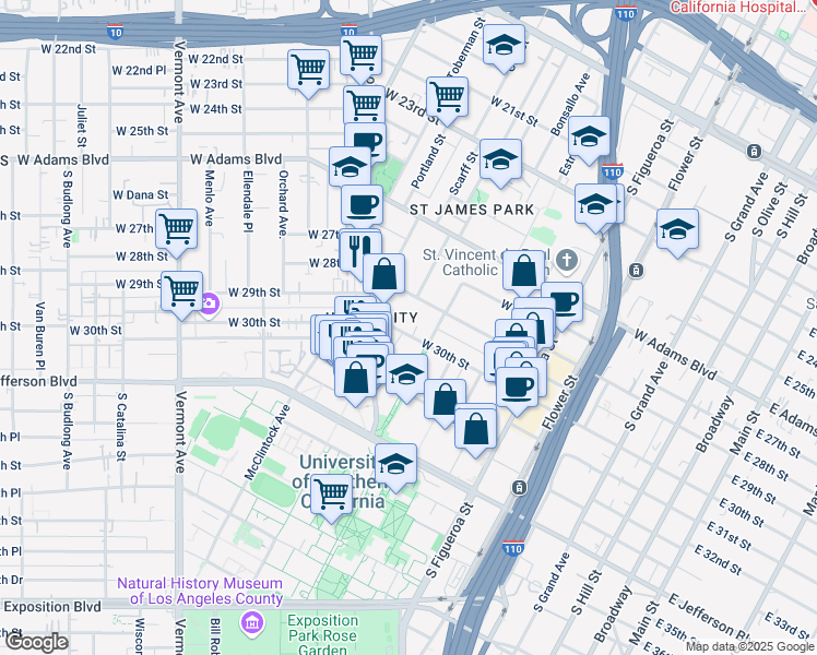 map of restaurants, bars, coffee shops, grocery stores, and more near 925 West 30th Street in Los Angeles