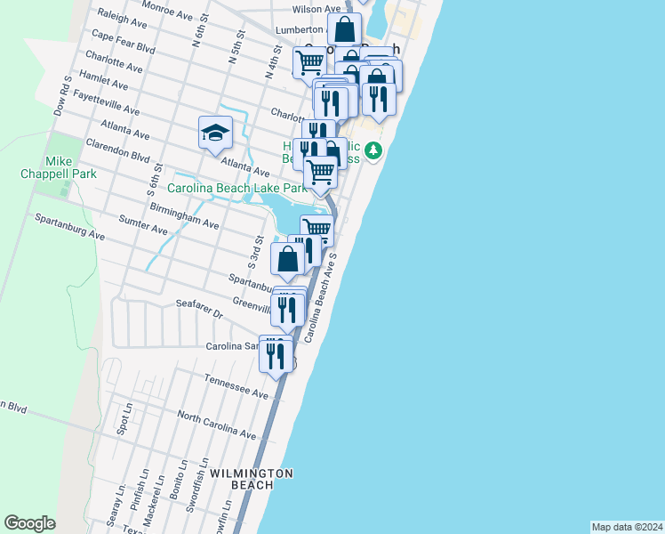 map of restaurants, bars, coffee shops, grocery stores, and more near 619 Carolina Beach Avenue South in Carolina Beach