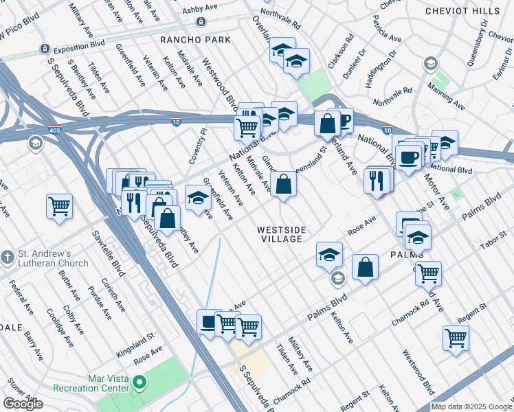 map of restaurants, bars, coffee shops, grocery stores, and more near 3145 Kelton Avenue in Los Angeles