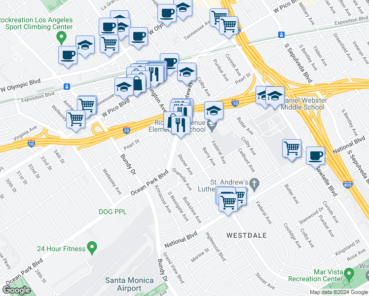 map of restaurants, bars, coffee shops, grocery stores, and more near 2575 South Barrington Avenue in Los Angeles