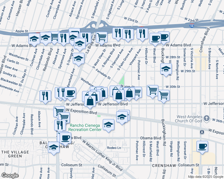 map of restaurants, bars, coffee shops, grocery stores, and more near 3033 Vineyard Avenue in Los Angeles