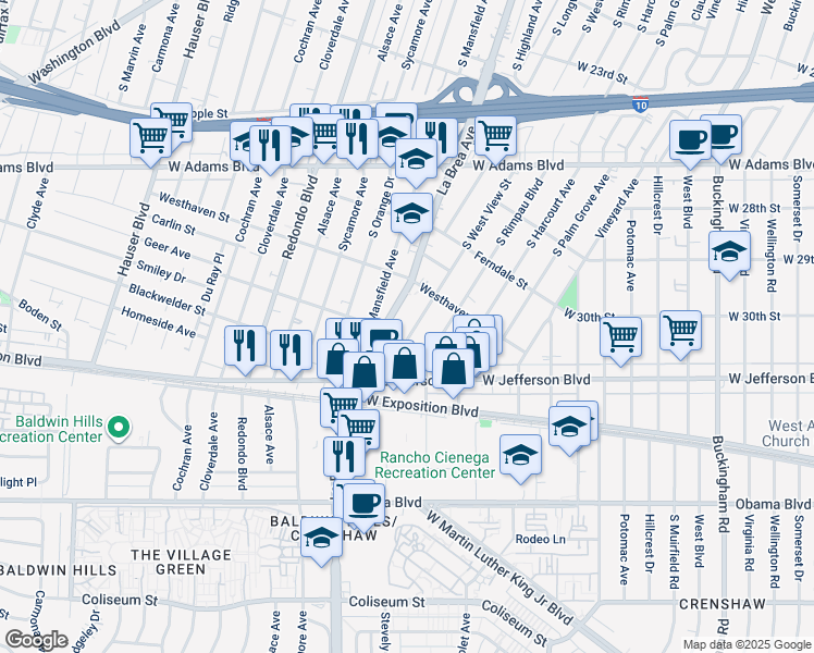 map of restaurants, bars, coffee shops, grocery stores, and more near 2945 South West View Street in Los Angeles