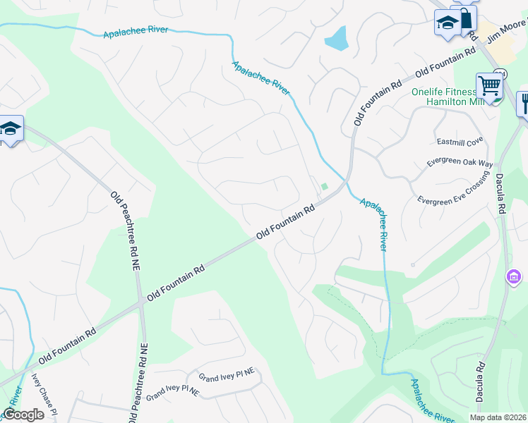 map of restaurants, bars, coffee shops, grocery stores, and more near 1845 Heatherton Road in Dacula