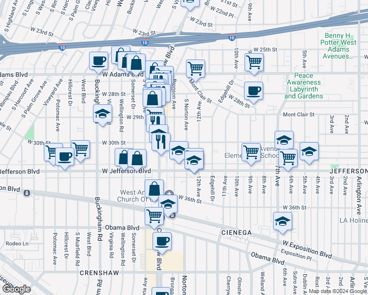 map of restaurants, bars, coffee shops, grocery stores, and more near 3009 South Norton Avenue in Los Angeles