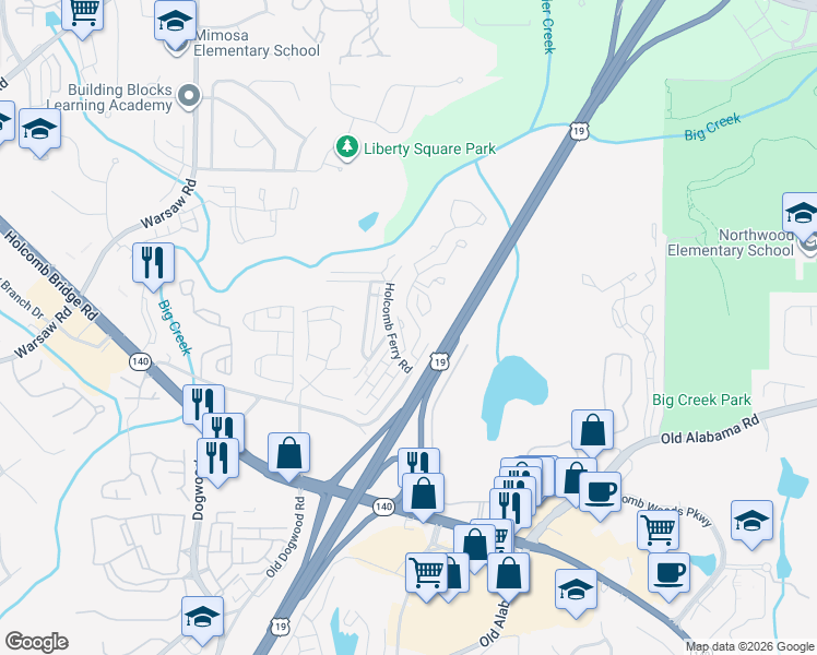 map of restaurants, bars, coffee shops, grocery stores, and more near 210 Chads Ford Way in Roswell