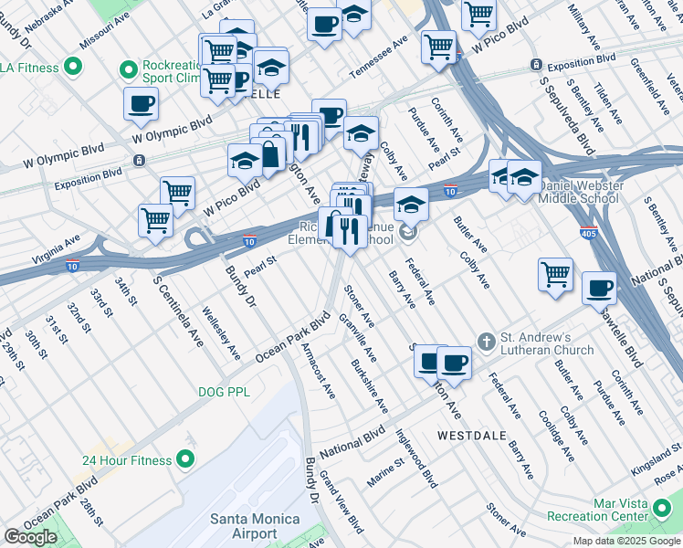 map of restaurants, bars, coffee shops, grocery stores, and more near 11744 1/4 Gateway Boulevard in Los Angeles