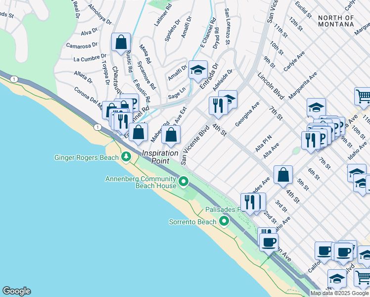 map of restaurants, bars, coffee shops, grocery stores, and more near 131 San Vicente Blvd in Santa Monica